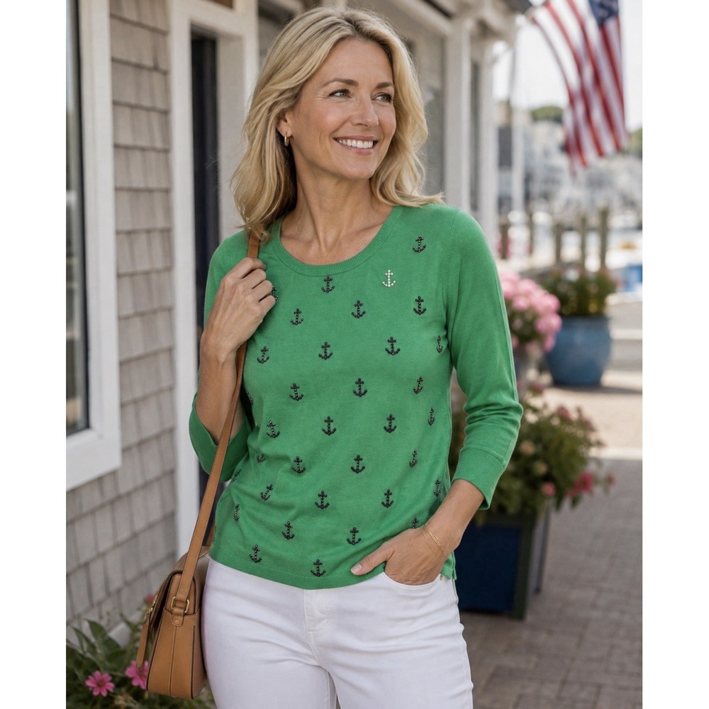 Talbots Petite Women's Green Anchors Beaded Long Sleeve Sweater Size SP